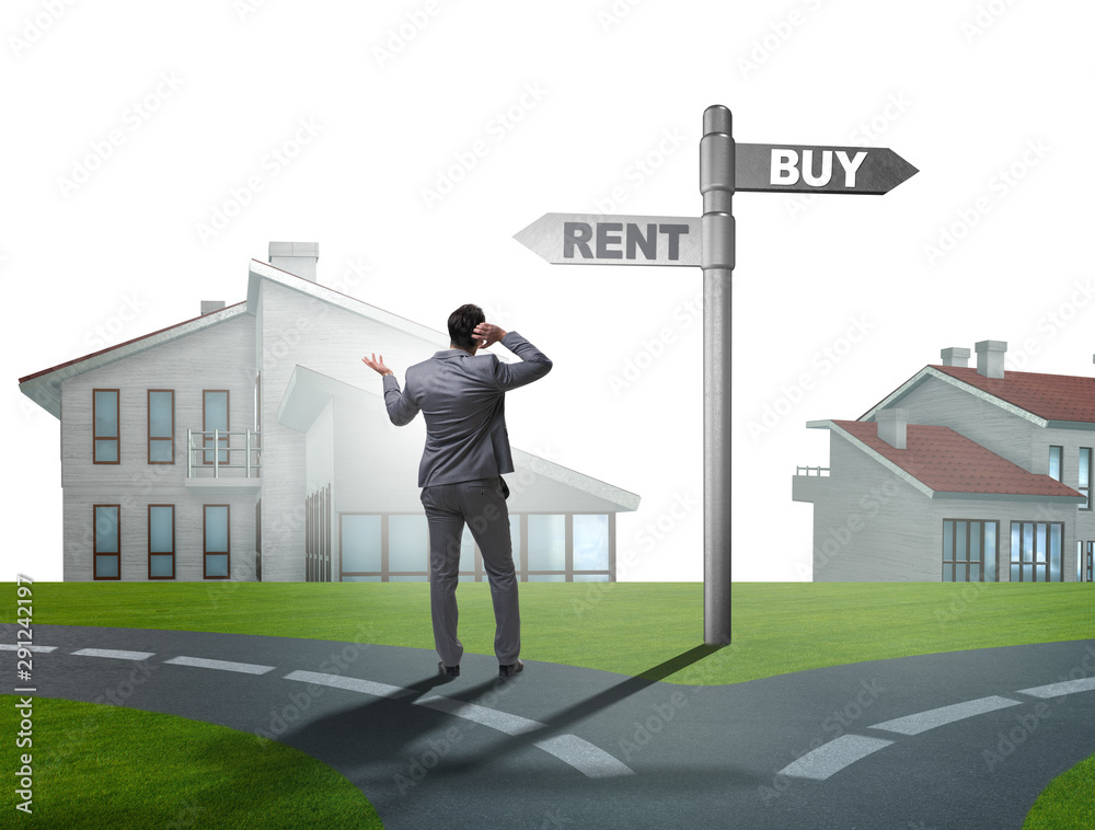 Businessman at crossroads betweem buying and renting Businessman at crossroads betweem buying and renting