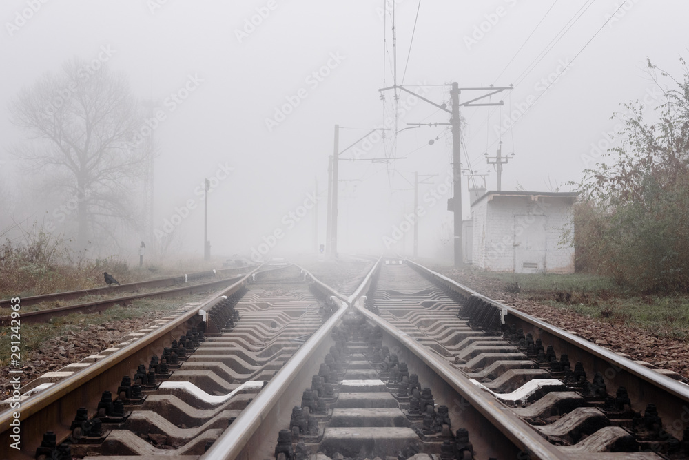Empty railroad tracks on misty foggy day in autumn