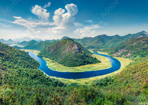 Spectacular view of Canyon of Rijeka Crnojevica river, Skadar lake lacation. Bright summer scene of Montenegro countryside. Beautiful world of Mediterranean countries. Traveling concept background. photo