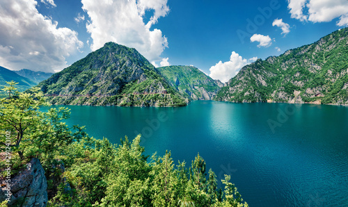 Aerial summer view of Pivsko lake. Splendid morning scene of canyon of Piva river, Pluzine town location, Montenegro, Europe. Beautiful world of Mediterranean countries. Traveling concept background. photo