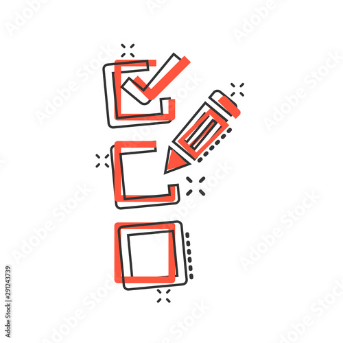 Checklist document sign icon in comic style. Survey vector cartoon illustration on white isolated background. Check mark banner business concept splash effect.
