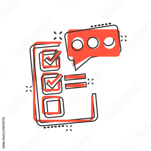 Checklist document sign icon in comic style. Survey vector cartoon illustration on white isolated background. Check mark banner business concept splash effect.