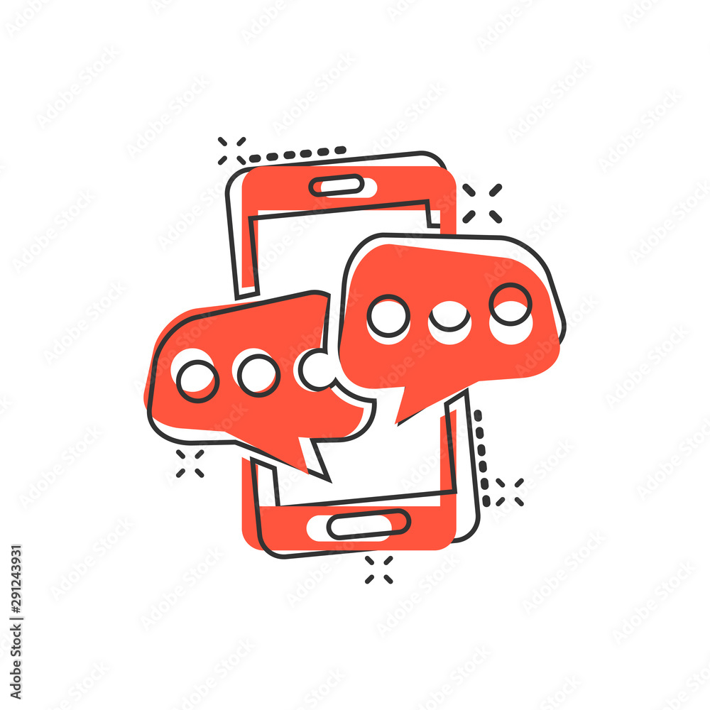 Mobile phone chat sign icon in comic style. Message notifications vector cartoon illustration on white isolated background. Smartphone text business concept splash effect. Mobile phone chat sign icon in comic style. Message notifications vector cartoon illustration on white isolated background. Smartphone text business concept splash effect.