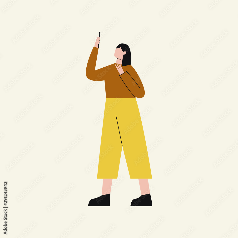 Woman taking selfie with mobile phone. Concept of social network relationship. Woaman chatting via Internet on smartphone. Flat vector illustration. Woman taking selfie with mobile phone. Concept of social network relationship. Woaman chatting via Internet on smartphone. Flat vector illustration.