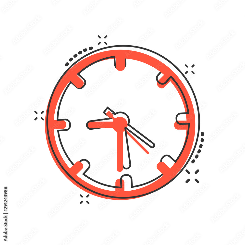 Clock sign icon in comic style. Time management vector cartoon illustration on white isolated background. Timer business concept splash effect.