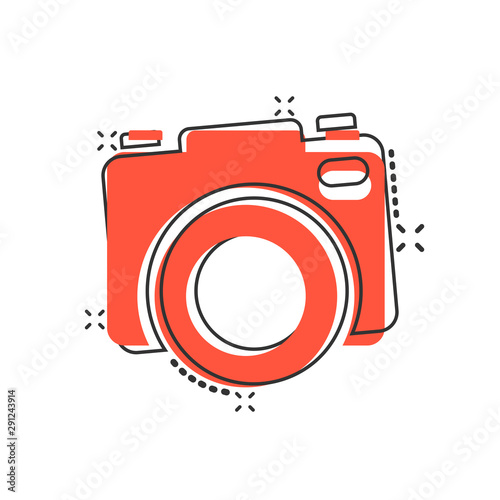 Camera device sign icon in comic style. Photography vector cartoon illustration on white isolated background. Cam equipment business concept splash effect.