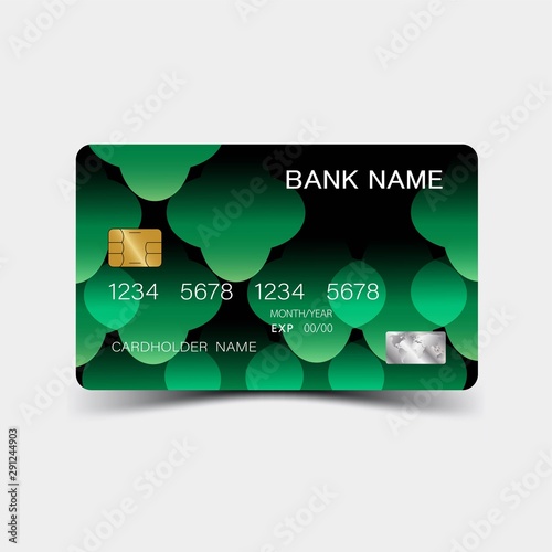 Credit card. With green elements desing. And inspiration from abstract. On white background. Glossy plastic style. 