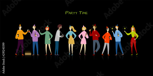 Student party with friends. Funny people characters