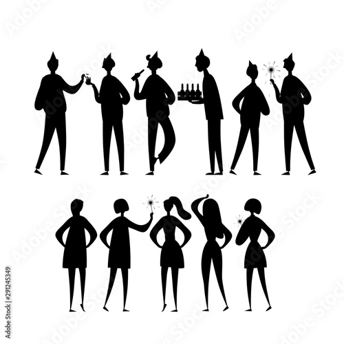 Student party with friends, boys and girls. Funny people characters. Silhouet...