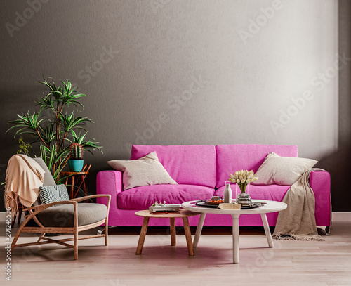Dark mock up wall with violet purple sofa, two tables and a chair in modern interior background, living room with large window an radiator, Scandinavian style, 3D render, 3D illustration