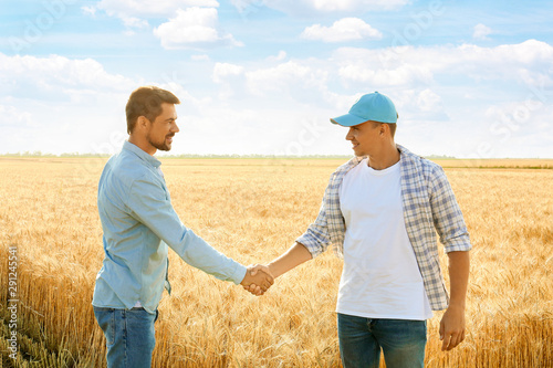 Male farmers shaking hands ...