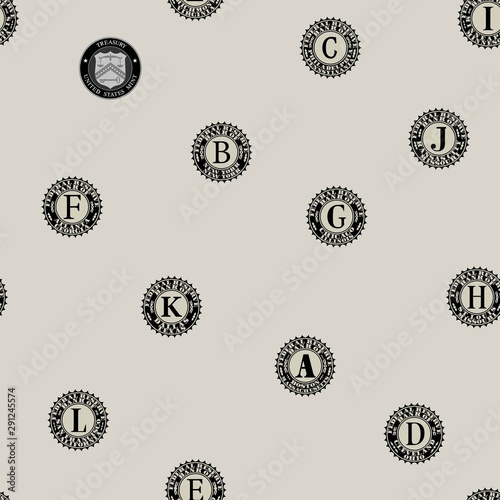 Seamless pattern. Prints of US federal banks printing paper money and mint