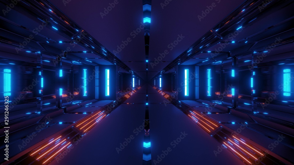 futuristic sci-fi tunnel corridor with cool nice reflection 3d rendering wallpaper background