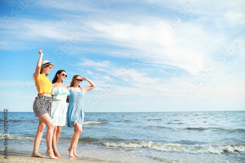 Happy young women on sea be...