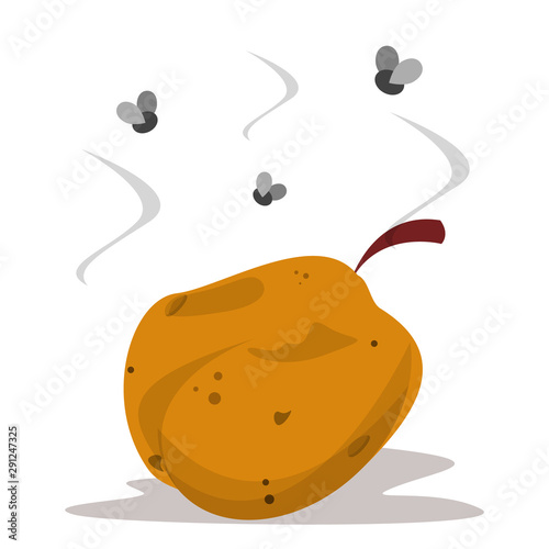 Rotten peach and fly around vector isolated. Vegetarian food