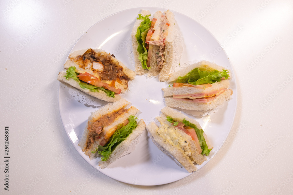 different variety of sandhich slices on a white plate on a white background