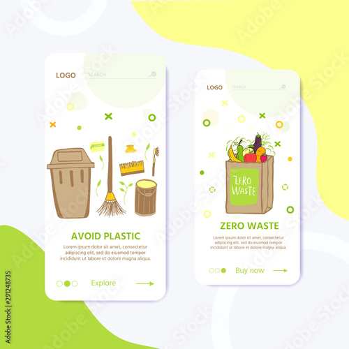 Template for web page with Zero waste concept. No plastic elements of eco life: reusable paper, wooden, fabric cotton bags. Vector go green, bio logo or sign. Organic design