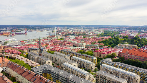 Gothenburg, Sweden. Panorama of the city and the river Goeta Elv. The historical center of the city. Cloudy weather, From Drone photo