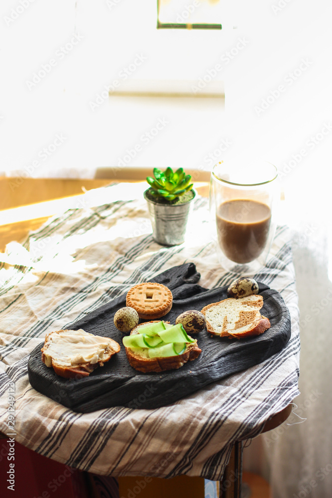 breakfast, coffee and sandwiches (delicious snack, sunny morning) menu concept. food background. copy space. Top view