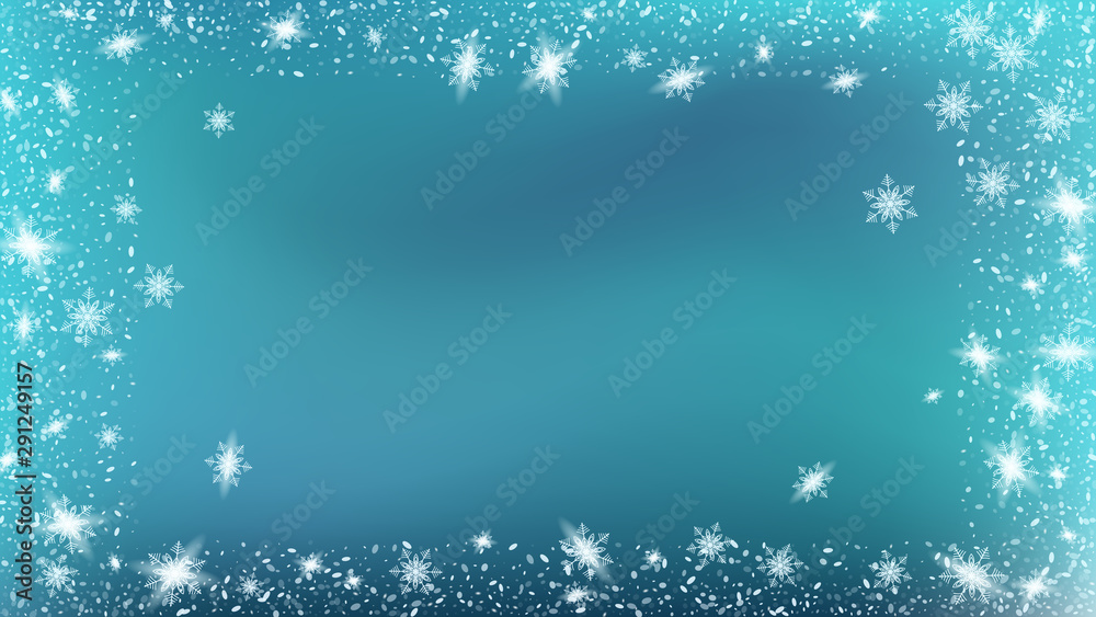 Falling snow background. Bbright, White, Shimmer, Glowing, Scatter, Falling on a Blue background. Holiday picture of the Christmas banner.