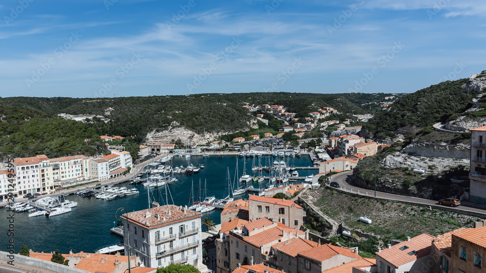 Aerial view on the harbor in Bonifacio, Corsica, France.