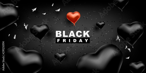 Black friday vector background. Dark Template for a banner with black balloons heart shape