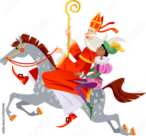 Santa Claus (Sinterklaas) and his helper ride a horse to deliver gifts. Christmas in Holland.