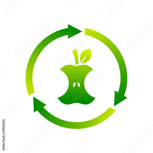 Compostable sign, icon, symbol. Apple core inside circle arrows. Biodegradable product label. Organic waste. Recycle food logo. Compost, recyclable, concept. Vector illustration, flat style, clip art.