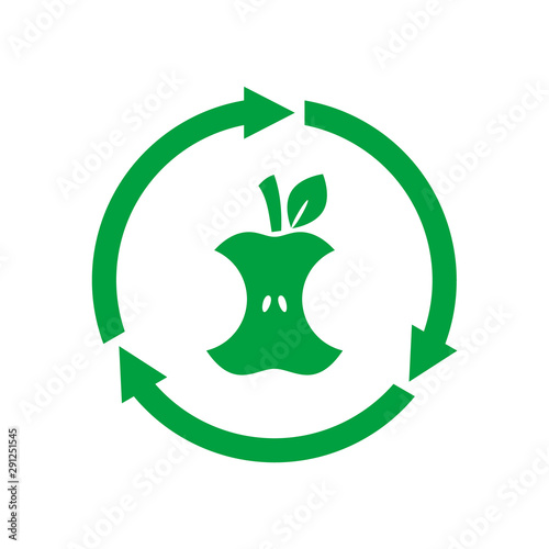 Organic waste. Compostable sign, icon, symbol. Apple core inside circle arrows. Biodegradable product label. Recycle food logo. Compost, recyclable, concept. Vector illustration, flat style, clip art.