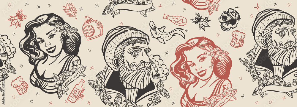 Naklejka premium Sea adventure seamless pattern. Old school tattoo style. Sea wolf captain and sailor girl. Traditional tattooing art