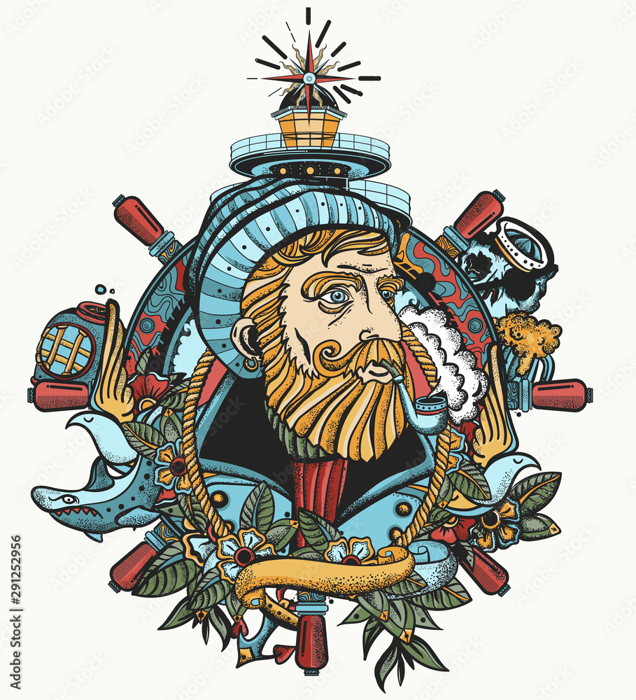 Tattoo uploaded by Tattoodo • O Captain My Captain! Tattoo by Tomek Kołucki  #TomekKołucki #sailortattoos #color #newschool #newtraditional #sailor  #seacaptain #captain #anchor #hat #beard #pipe #oldman #seafarer #smoke  #graphicart • Tattoodo