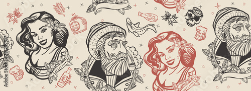 Sea adventure seamless pattern. Old school tattoo style. Sea wolf captain and sailor girl. Traditional tattooing art