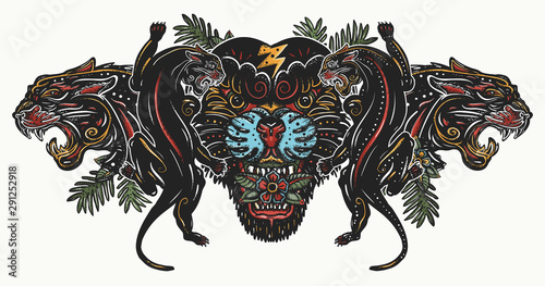 Aggressive black panthers in jungle. Color old school tattoo style. Wild cats t-shirt design