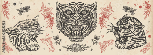 Tigers. Vintage old school tattoo collection. Asian wild cats. Traditional tattooing, japan style