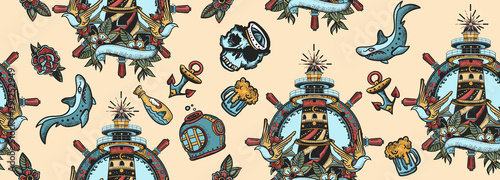 Sea adventure vintage seamless pattern. Traditional tattooing style. Lighthouse, anchor, shark and steering wheel. Marine art. Old school tattoo
