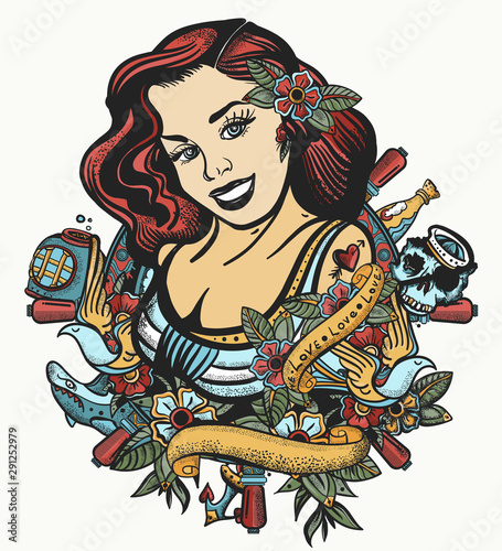 Sailor girl pin up style. Color tattoo and t-shirt design. Sea woman, steering whell, anchor and flowers. Old tattooing art