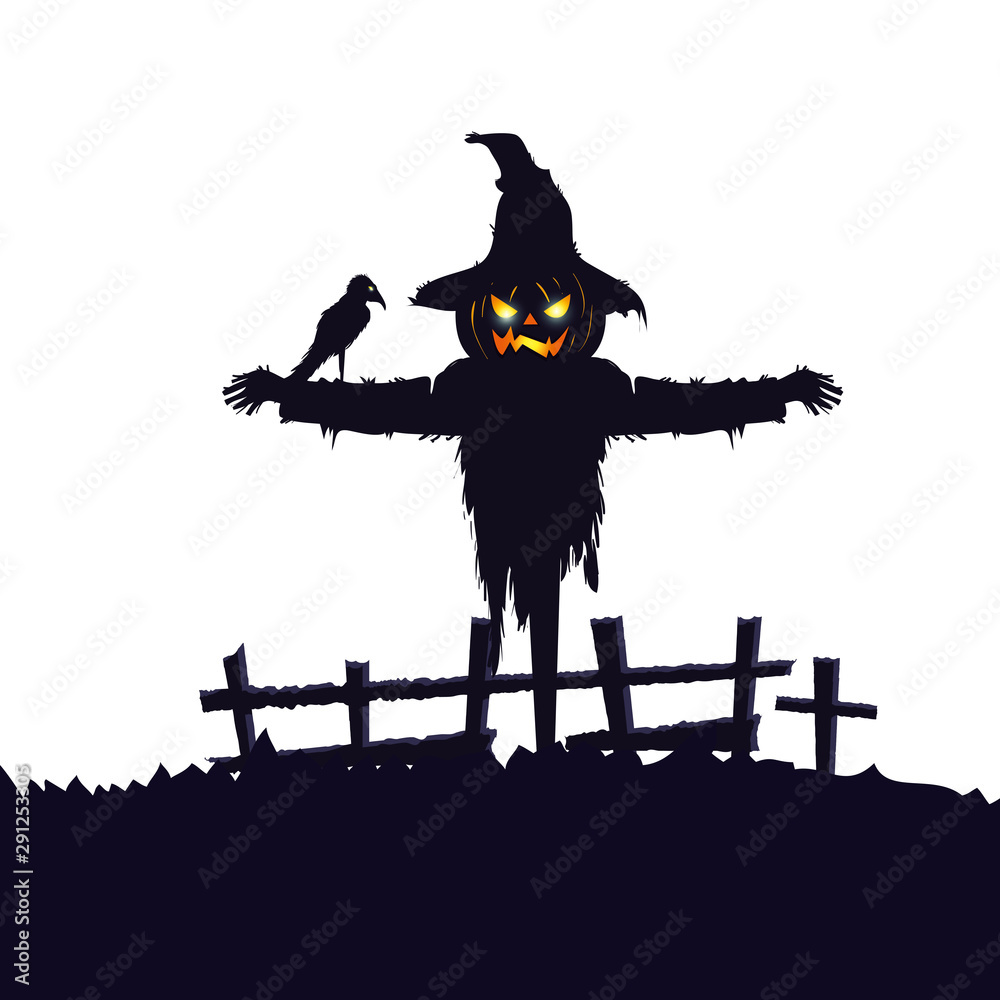 scarecrow halloween with raven isolated icon scarecrow halloween with raven isolated icon