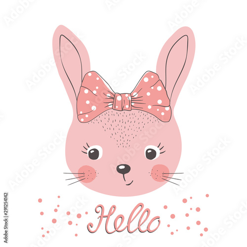 Cute little rabbit girl face with bow. Vector illustration for print on t-shirt and other uses