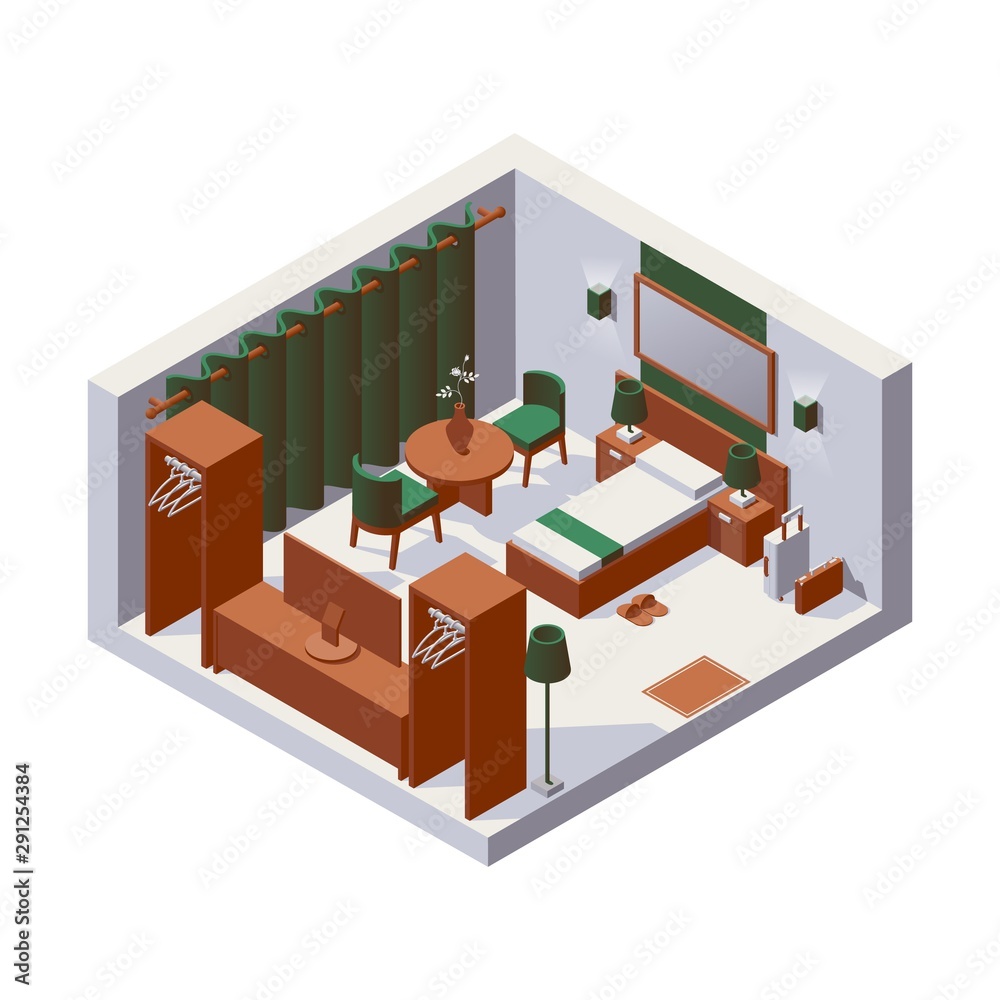 Isometric interior hotel room for one person, decorated with green fabric and wooden furniture. 3d scene with stylish bedroom