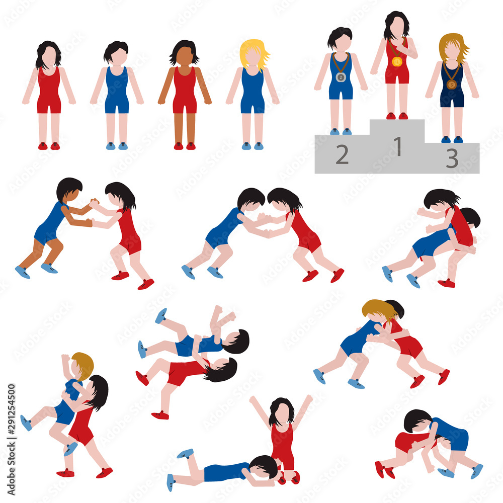 Wrestling sport female icon set. Vector.