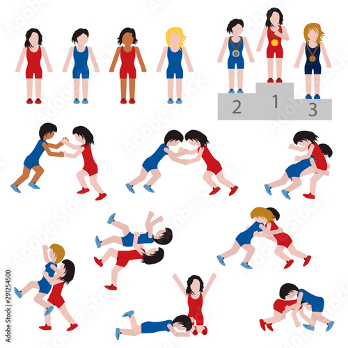 Wrestling sport female icon set. Vector.