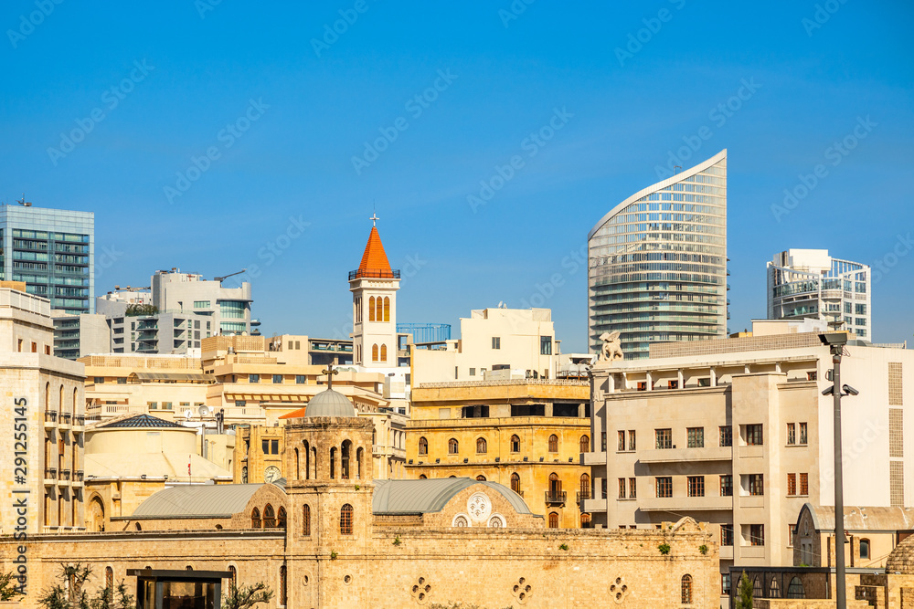 Saint George Greek Ortodox cathedral in the dowtnown of Beirut among modern buildings, Lebanon