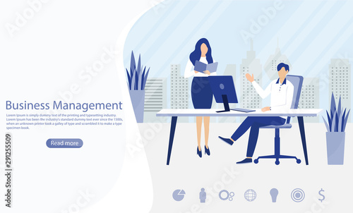 Business management and planing concept. Man and woman are talking to strategy and planing work. website or template vector illustration in flat design. 