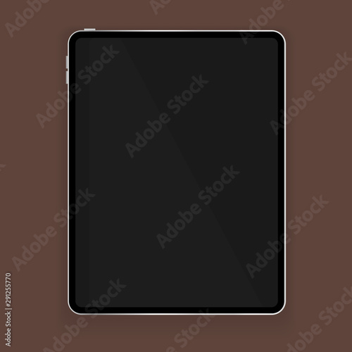 New design of silver  tablet in trendy thin frame style with shadow isolated on brown background. Vector illustration