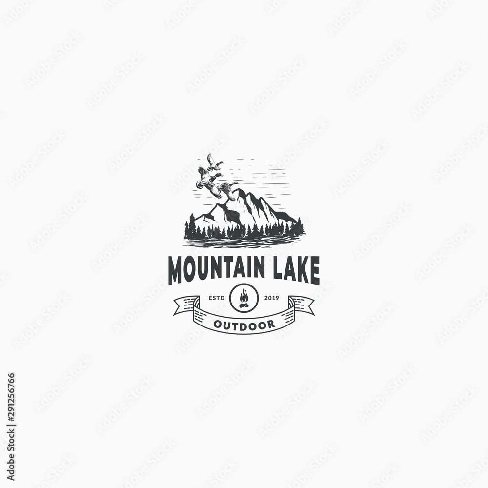 Mountain outdoor with pines and flying ducks Vector graphic for logo, t shirt, and other uses