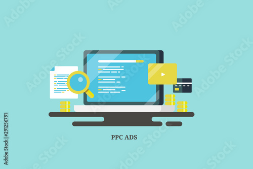 ppc ads, paid website traffic, pay per click, search marketing, web advertising concept, flat design banner with icons.