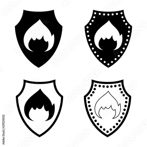 Fire protection icon. Defensive shield and burning fire sign. Vector Illustration