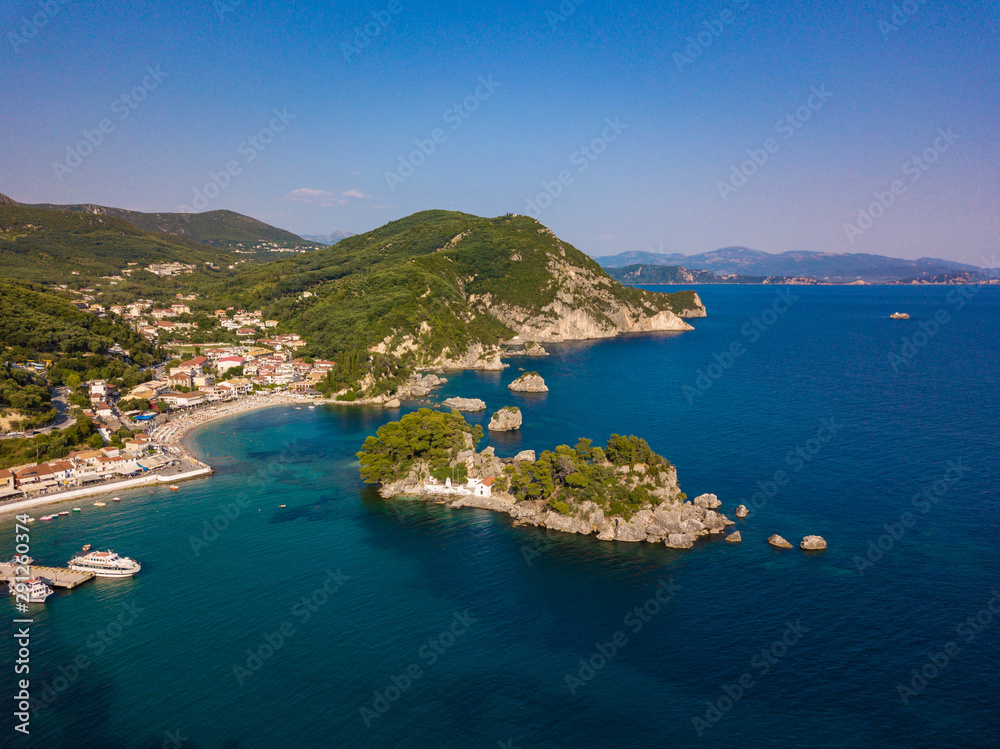 Parga Greece and Panagia Island aerial view. Important tourist destination on the east coast of Greece.