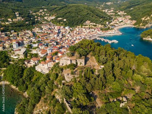 Aerial drone view to historical castle of Parga. Located on the top of a hill overlooking the town. Greece © umike_foto