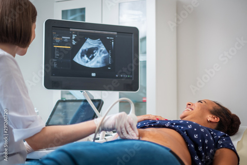 Pregnant woman on utltrasonographic examination at hospital